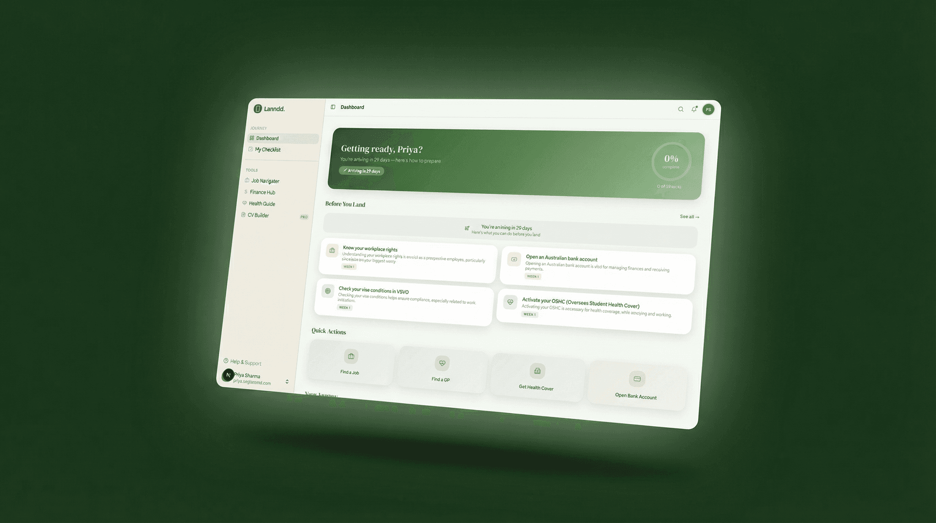 Lanndd dashboard showing personalised settlement checklist in 3D perspective