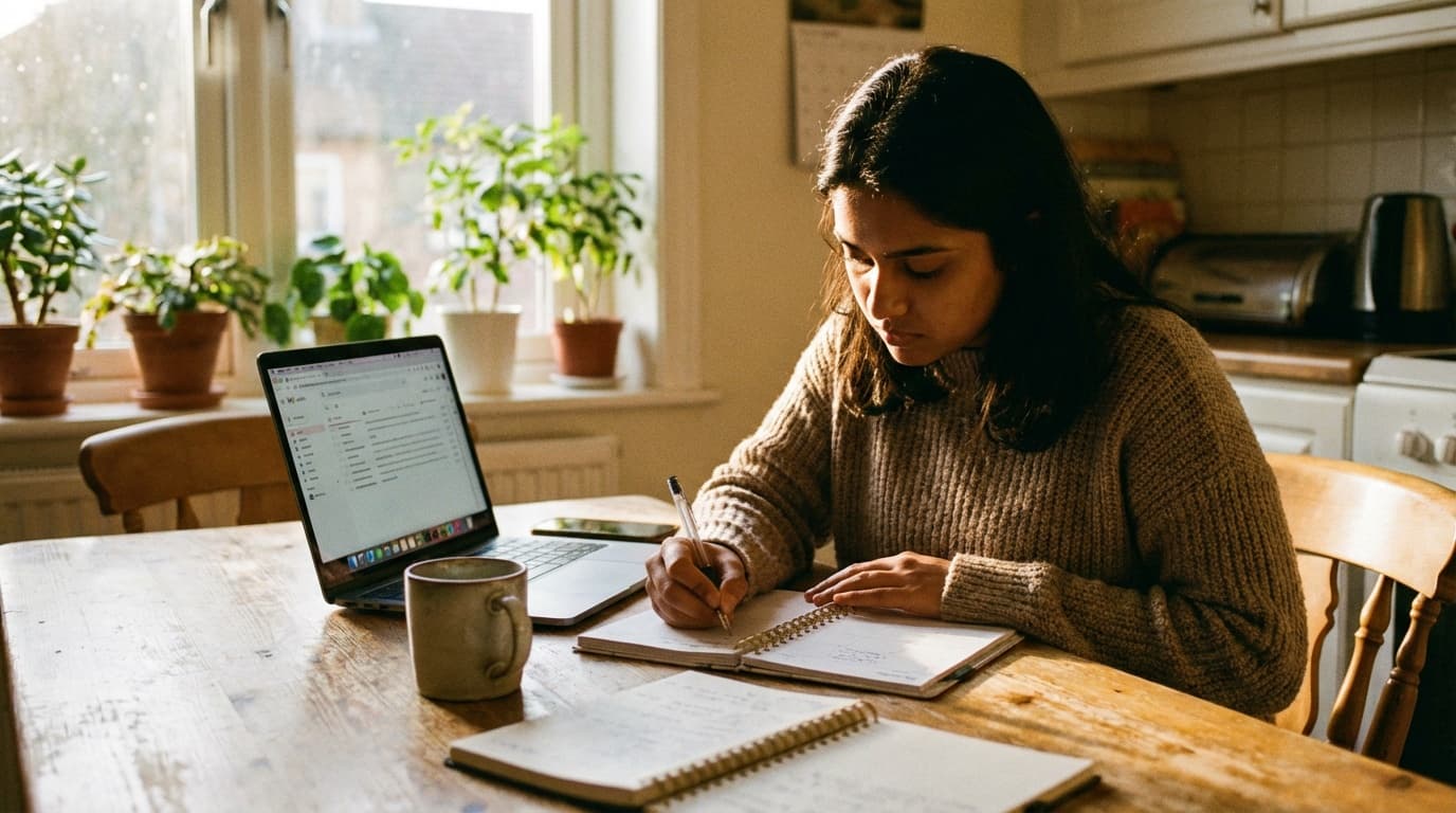Woman planning her settlement tasks at a bright kitchen table with laptop and notebook