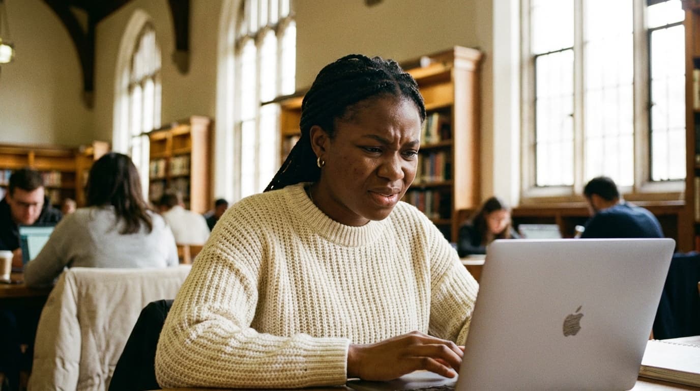Woman working on her resume at a laptop in a modern Australian library