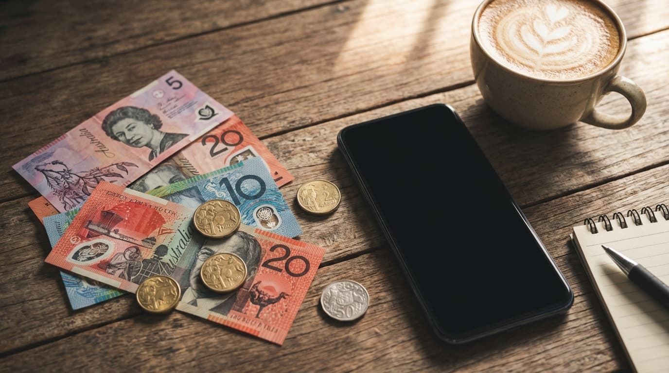 Hands holding a smartphone showing a financial app with Australian currency on the table