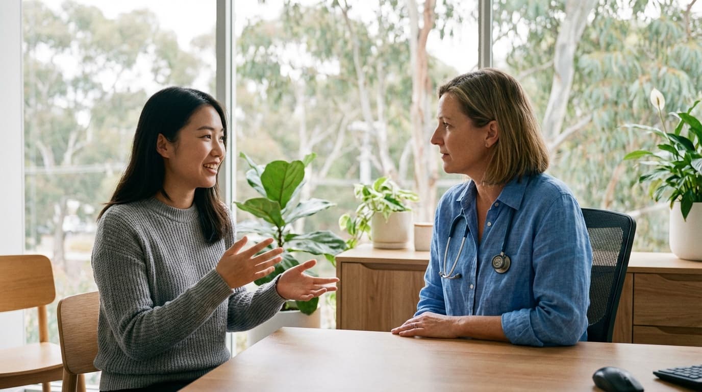 Friendly doctor smiling at a patient in a bright modern Australian GP clinic