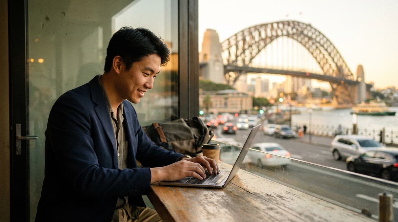 Man working at a coworking space with Sydney Harbour Bridge visible through the window