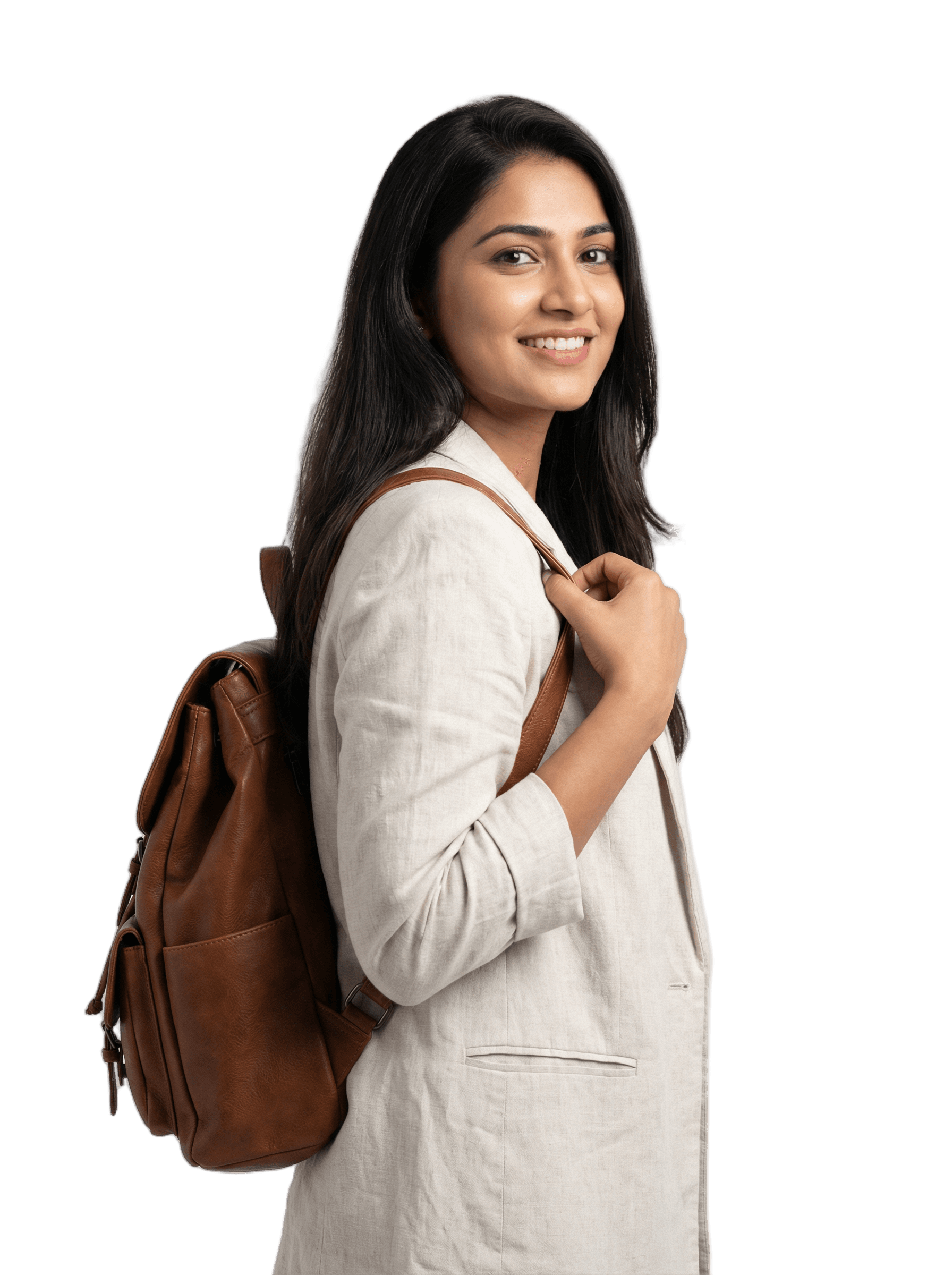 Young Indian woman with backpack, ready to start her settlement journey